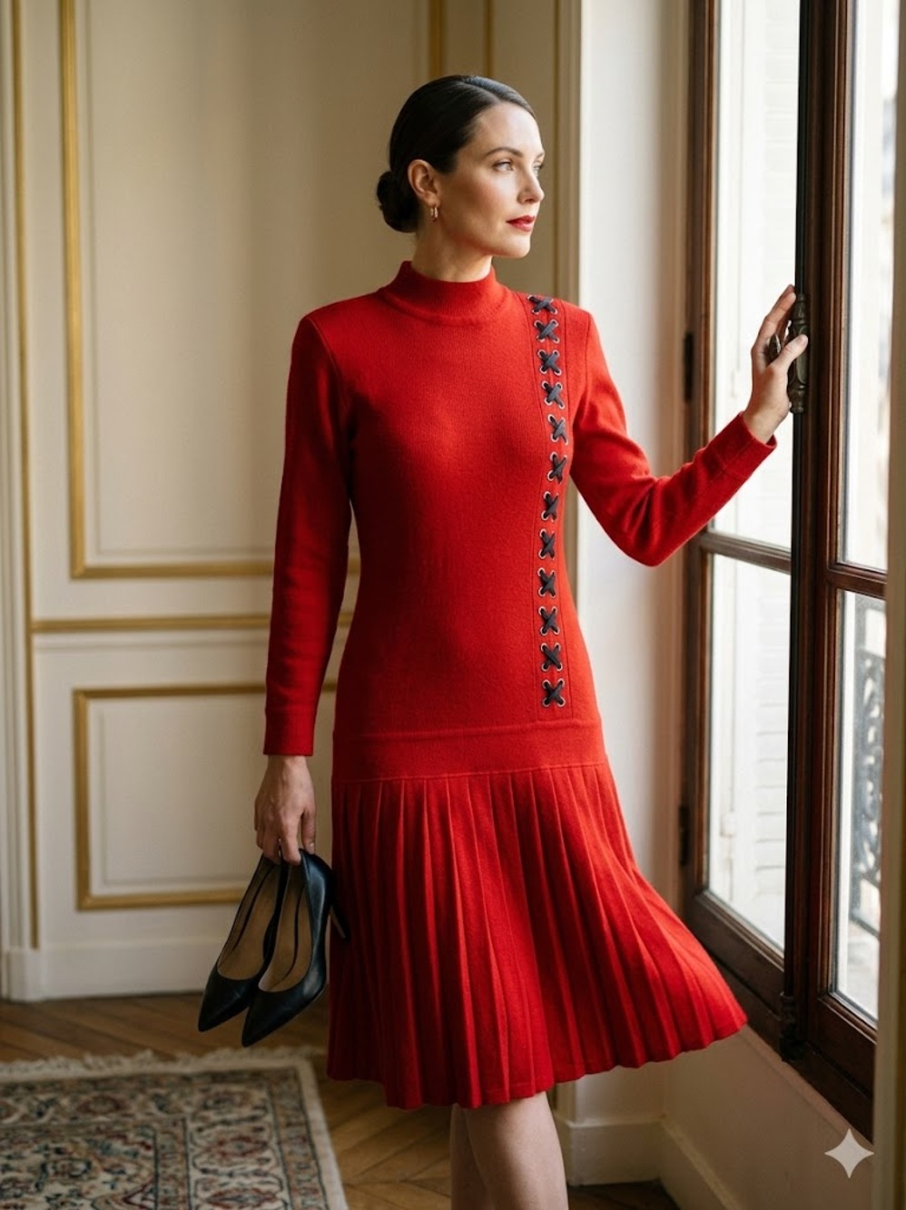 Vintage Red Knit Drop Waist Sweater Dress Black Grommet X Detail Large Retro